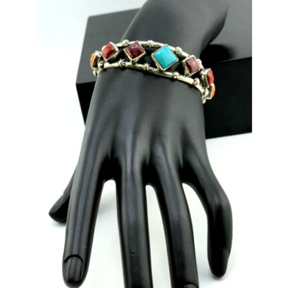 Navajo Albert Yazzie Turquoise Multi Color Agates Bracelet - Picture 1 of 4